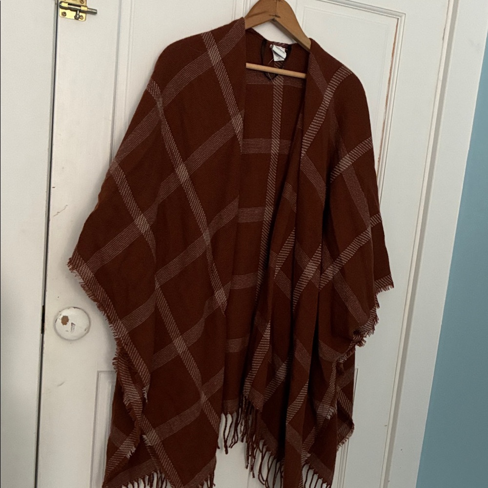 Sonoma Burnt Orange Plaid Fringe Poncho